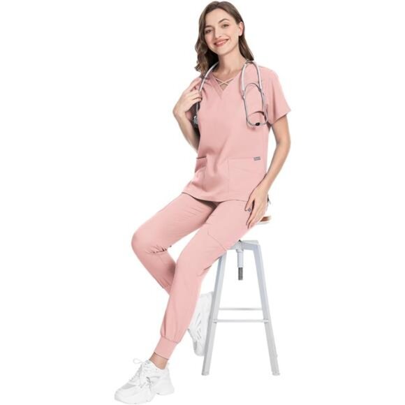 Scrubs for Women Set Modern V-Neck Top & 8 Pocket Jogger Pants Athletic Nursing - Picture 4 of 7